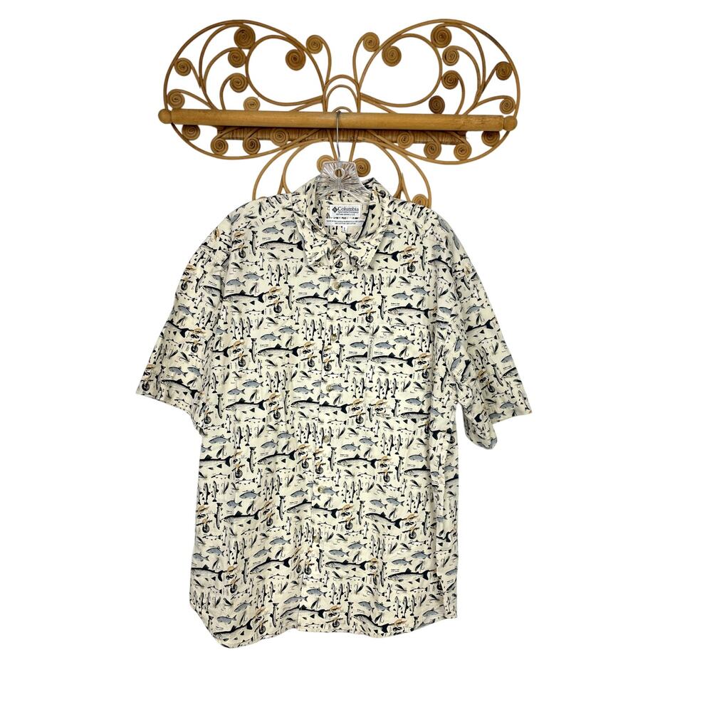 Columbia Vintage Fish Lure Print Cream Button Down Shirt Men's Large